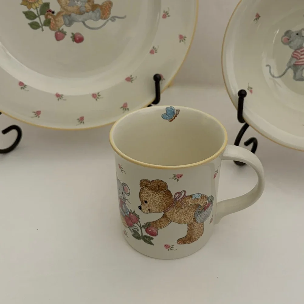 Vintage MIKASA Teddy Bear Plate Bowl Mug Set Strawberry Fruit Mouse Floral